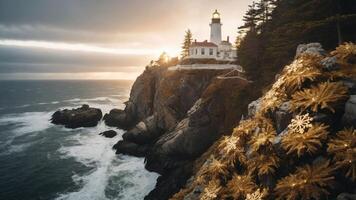 A scenic lighthouse on a cliff at sunset, surrounded by ocean waves and golden foliage. photo