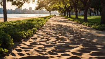 A serene sandy path lined with greenery and trees, leading towards a waterfront cityscape. photo