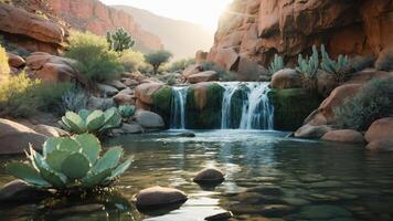 A serene waterfall cascades into a tranquil pool surrounded by lush vegetation and rocky terrain. photo