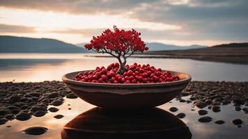 A serene landscape featuring a bonsai tree adorned with red berries in a tranquil setting. photo