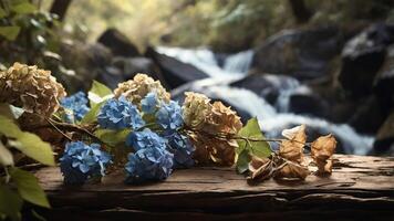A serene scene featuring blue and dried hydrangeas on a log by a flowing stream. photo