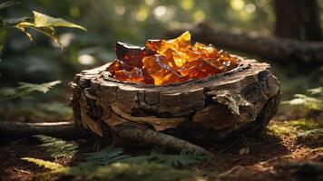A rustic wooden stump holds shards of amber, glistening in a serene forest setting. photo