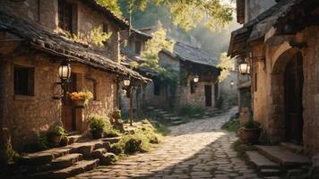 A serene cobblestone street lined with rustic stone houses and lanterns in a tranquil setting. photo