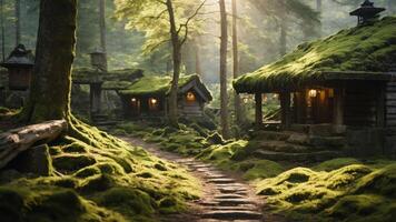 A serene forest scene featuring moss-covered cottages and a winding path. photo