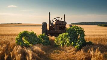 A rustic tractor surrounded by wheat and vines in a serene agricultural landscape. photo