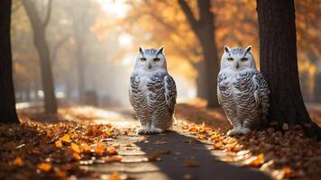 Two snowy owls standing on a path surrounded by autumn foliage. photo