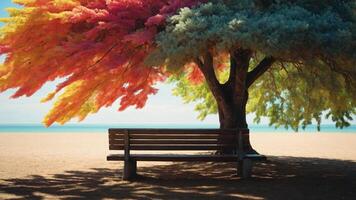 A serene beach scene featuring a colorful tree and a wooden bench under its shade. photo