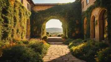 A serene courtyard adorned with vibrant greenery and a scenic view of rolling hills. photo
