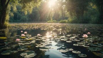 A serene pond filled with water lilies, illuminated by soft sunlight filtering through trees. photo
