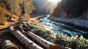 A serene riverside scene with fallen logs and autumn foliage reflecting in the water. photo