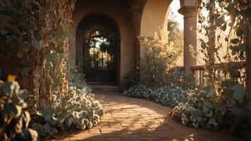 A serene pathway adorned with greenery and sunlight, inviting exploration and tranquility. photo