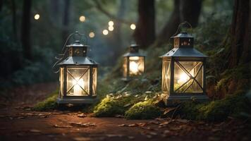A serene forest path illuminated by glowing lanterns amidst lush greenery. photo