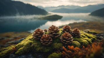 A serene landscape featuring pine cones on moss near a tranquil lake surrounded by mountains. photo