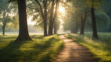 A serene path through a sunlit forest, inviting tranquility and reflection. photo