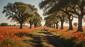 A serene dirt path lined with trees and vibrant orange flowers under a clear sky. photo