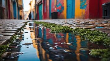A vibrant alleyway with colorful walls and a reflective puddle surrounded by greenery. photo