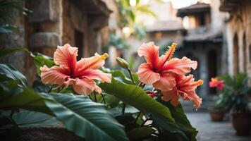 Vibrant hibiscus flowers in a serene courtyard setting. photo
