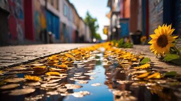 A vibrant alleyway adorned with sunflower petals and reflections in a puddle. photo