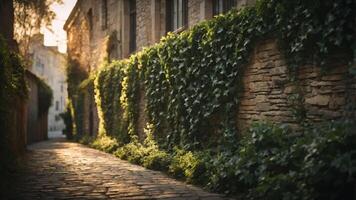 A serene alleyway draped in ivy, illuminated by warm sunlight. photo
