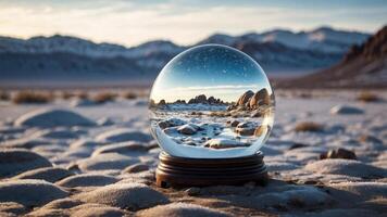 A snow globe displaying a serene winter landscape with mountains in the background. photo