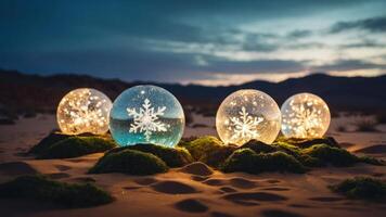 Four glowing snow globes with snowflakes sit on mossy ground at dusk. photo
