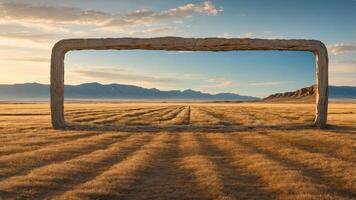 A large frame structure in a vast field, creating a scenic view of the landscape beyond. photo