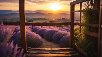 A serene sunset view over lavender fields, framed by a wooden structure. photo