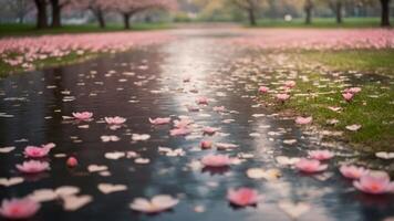 A serene park scene with pink flowers floating on water, creating a tranquil atmosphere. photo