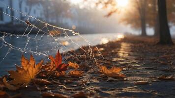 A serene autumn scene with leaves, a spider web, and a canal at sunrise. photo