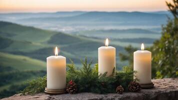 Three lit candles surrounded by greenery and pine cones, set against a scenic landscape. photo