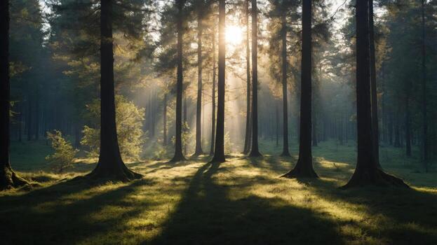 A serene forest scene with sunlight filtering through tall trees, casting soft shadows. photo