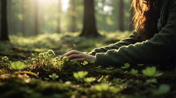 A person gently touching plants in a sunlit forest, emphasizing connection with nature. photo