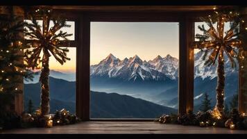 A cozy window view showcasing snow-capped mountains and festive decorations. photo