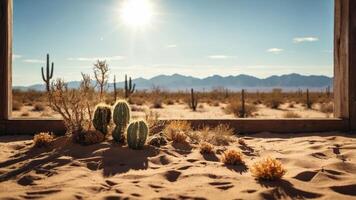A desert scene framed by wooden structure, showcasing cacti and mountains under sunlight. photo