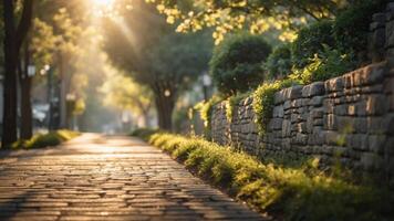 A sunlit pathway surrounded by greenery and stone walls, inviting a peaceful stroll. photo