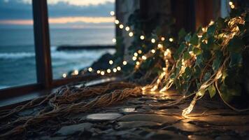 A serene coastal scene with fairy lights and ivy, creating a cozy atmosphere by the ocean. photo