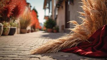 A serene alley adorned with vibrant plants and a rich fabric, creating a tranquil atmosphere. photo