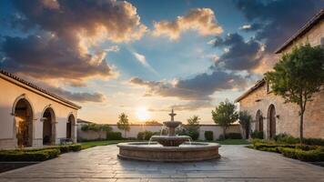 A serene courtyard featuring a fountain under a picturesque sunset with clouds. photo