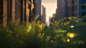 A serene urban scene with glowing plants at sunset, highlighting nature amidst buildings. photo