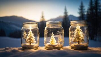 Three illuminated jars with snowy trees, set against a scenic winter landscape. photo