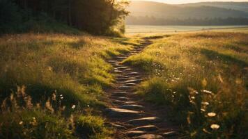 A serene pathway through a grassy field at sunset, inviting exploration and tranquility. photo