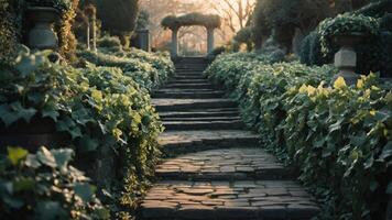 A serene garden pathway lined with ivy leading to an archway, bathed in soft sunlight. photo