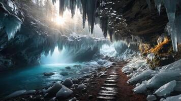 A serene ice cave with icicles, a river, and a path illuminated by sunlight. photo
