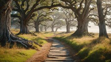 Serene pathway lined with majestic trees, bathed in soft morning light. photo