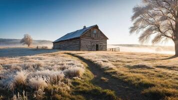 A serene winter landscape featuring a rustic barn surrounded by frosty grass and trees. photo