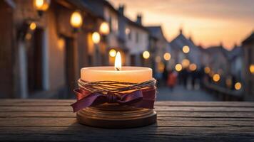 A lit candle on a wooden table with a blurred sunset backdrop and soft glowing lights. photo