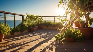 A sunlit terrace adorned with potted plants, offering a serene view of the horizon. photo