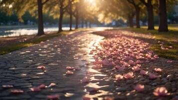 A serene pathway lined with fallen pink petals under soft sunlight. photo