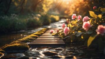 A serene pathway alongside a stream adorned with blooming roses in a tranquil setting. photo