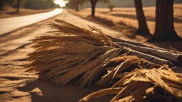 A close-up of dried palm fronds on a dusty road, with trees in the background. photo